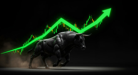 A black bull charging across a dusty surface under a bright rising green chart, symbolizing aggressive market strength.