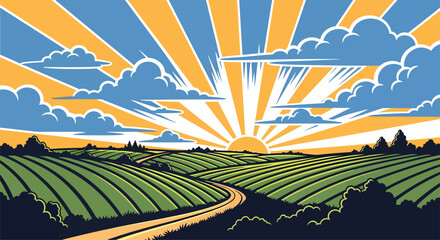 Vector art of sunrise over rolling green farmland with a winding road leading into the distance under a dramatic sky with sunburst and clouds