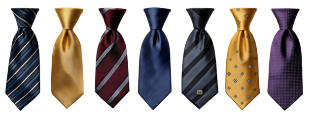 Men's silk neckties collection striped solid textured patterns in navy gold burgundy black purple arranged in row on transparent background.