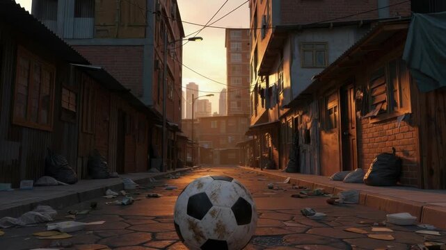 scuffed soccer ball rests on trash-strewn cobblestone street flanked by dilapidated brick and metal buildings Distant city high-rises are bathed in warm sunset glow through the narrow urban alley