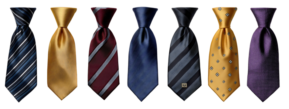 Men's silk neckties collection striped solid textured patterns in navy gold burgundy black purple arranged in row on transparent background.