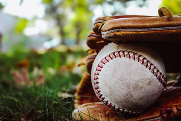 A close-up of a baseball resting inside a leather baseball glove on a grassy field with blurred autumn leaves in the background. bokeh light effect and copy space. sports design element.