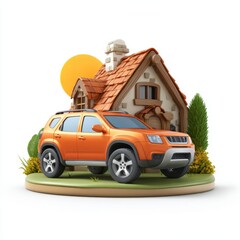 Fototapeta premium Orange SUV parked in front of a charming cartoon house with a sun and green foliage