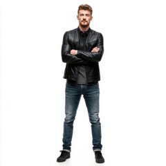 Naklejka premium A young man with styled hair wears a black leather jacket and blue jeans arms crossed against a white background