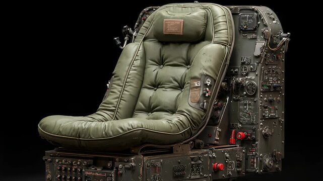 Detailed Studio Shot of a Vintage Military Aircraft Ejection Seat with Complex Control Panel, Isolated on Black Background