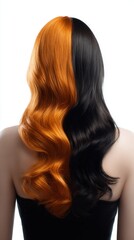 Naklejka premium Woman's back with long wavy hair split dyed orange and black Hairstyle