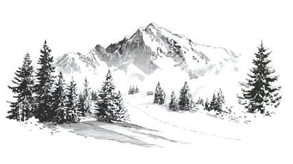 Snowy Mountain Landscape with Ski Slope and Pine Trees in Winter