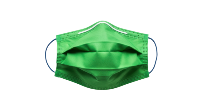 Isolated green face mask with elastic ear loops for protection against viruses and germs