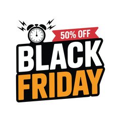 "Black Friday Sale Banner with 50% Off and Alarm Clock Icon