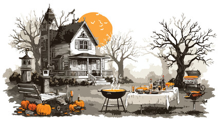 Spooky Summer Backyard BBQ Scenes - Mysterious Nighttime Gathering with Halloween Vibes