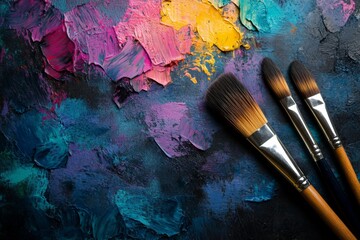 Fototapeta premium Paint brushes and vibrant colors on a textured canvas