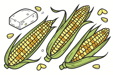 Corn on the cob with butter, harvest food element, silhouette vector illustration