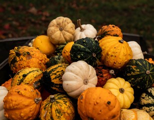 A close-up shot features a varied collection of colorful gourds nestled together, demonstrating a harvest season aesthetic