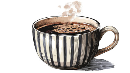 Hot Steaming Coffee in Striped Mug for Cafe Breakfast Vector Illustration