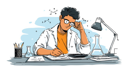 Professional Study Concept: Man Doing Calculations Vector Illustration