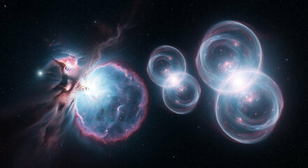 Obraz premium Vibrant Emission Nebula and Luminous Interconnected Orbs in Deep Space: Abstract Cosmic Energy and Quantum Concepts
