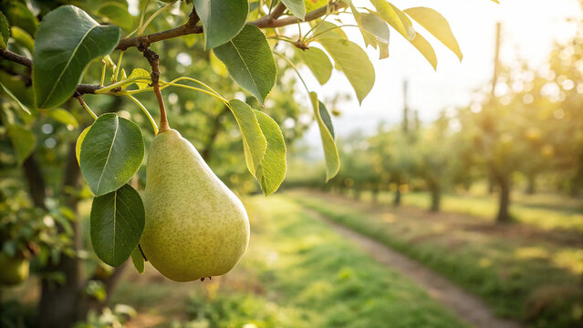Pear hanging tree in garden, Pears on tree branch in natural warm sunlight background