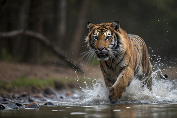 Majestic tiger charges through shallow water, creating a dramatic splash amidst lush greenery.