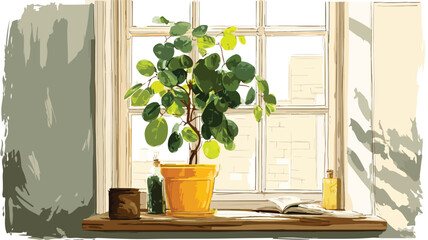 Tranquil Painting with Window Plant Creates Calm Atmosphere