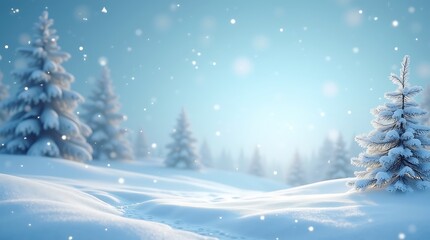 Naklejka premium Winter Snow Tree Landscape – Peaceful Forest Scene with Falling Snowflakes & Misty Sky: