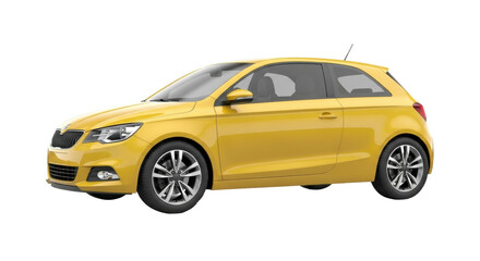 Isolated yellow subcompact car, sporty hatchback with alloy wheels, studio automotive shot
