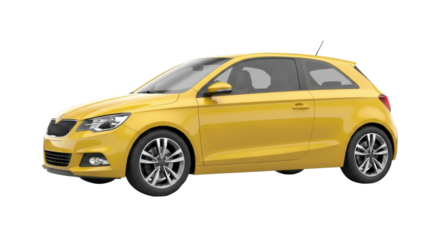 Isolated yellow subcompact car, sporty hatchback with alloy wheels, studio automotive shot