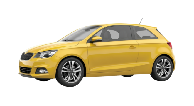 Isolated yellow subcompact car, sporty hatchback with alloy wheels, studio automotive shot