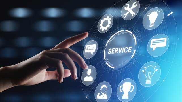 Customer Service: A hand interacts with an illuminated digital interface representing customer service.