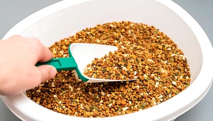 A close-up shot features a white bowl overflowing with granular substance, being scooped with a green and white tool. A human hand is visible