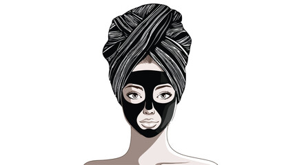 Professional Woman Skincare Routine with Black Mud Mask and Turban for Beauty