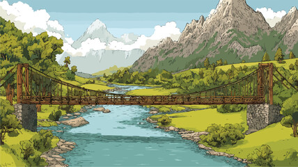 Serene Wooden Suspension Bridge Over Stunning River in Lush Green Mountain Landscape