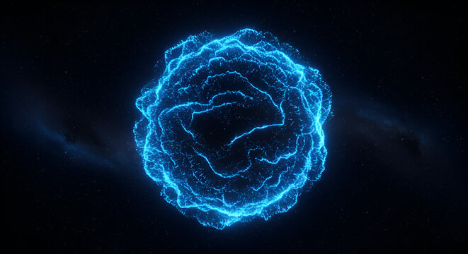 Abstract glowing blue energy orb in dark space with twinkling stars background