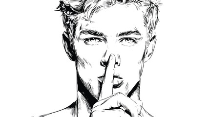 Young Man Standing Making Hush Sign with Finger on Lips - Quiet Gesture Concept