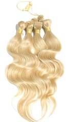 A close-up shot features five bundles of long, wavy, blonde extensions, neatly tied with yellow ribbons and a looped string