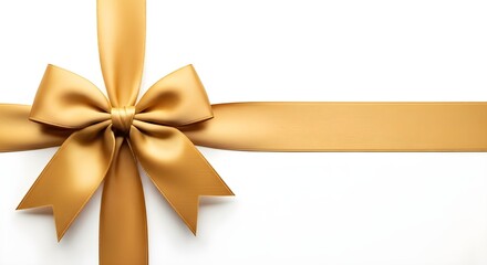 Elegant gold satin ribbon bow tied on a white background for gifts and celebrations