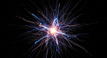 Fototapeta premium Dynamic Abstract Energy Burst with Luminous Blue and Orange Particle Trails on Black Background, Resembling a Neural Network or Cosmic Explosion
