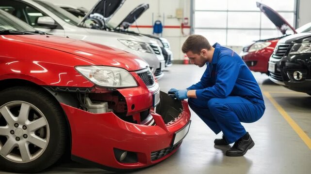 male mechanic in blue overalls and gloves crouches meticulously working on the partially detached front bumper of red vehicle in well-lit service center with other cars