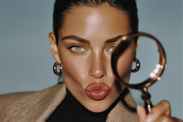 Stylish fashion model with jewelry earrings looking at the camera through a magnifying glass. Creative beauty portrait with luxury details and artistic concept.