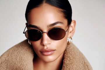Stylish woman in sunglasses and a brown plush faux fur coat posing in a studio. Modern fashion portrait with cozy textures and luxury aesthetics.
