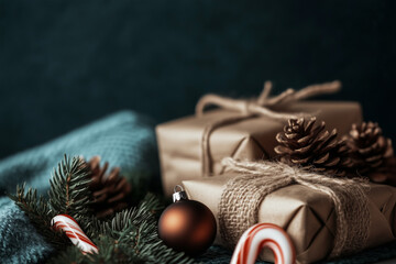 Cinematic Christmas gift wrapped in handmade craft paper, decorated with pine cones, ornaments, and green fir branches on a dark blue background. Warm, elegant holiday composition.