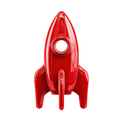 A glossy, red, cartoon-style rocket ship, front view, simple design, isolated on black background