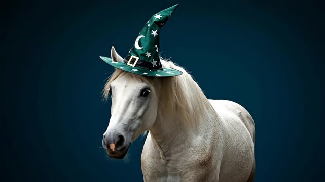 Horse Wearing a Witch Hat - A white horse poses against a dark blue background while wearing a green witch hat decorated with white stars.