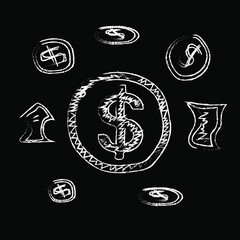 Chalk Style Dollar Coins and Paper Money finance currency