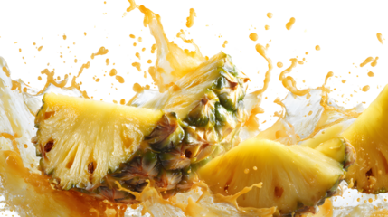 Pineapple slices exploding in juice splash, on transparent background