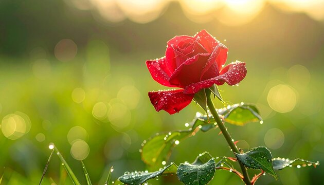 Dew drops sparkle on a vibrant red rose at sunrise, with soft bokeh lights in the background, highlighting the beauty of nature's morning bloom.