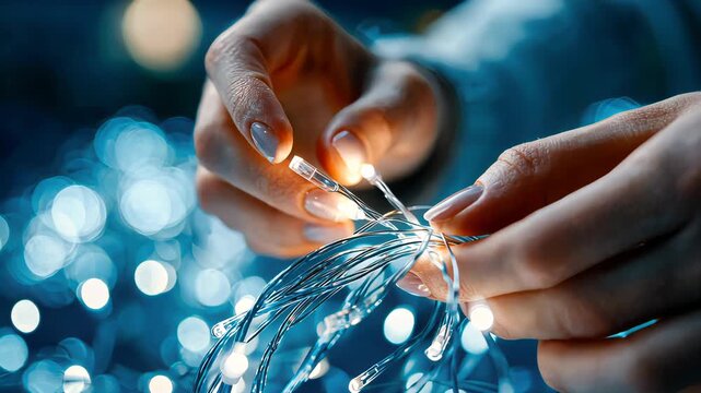 Close-up of delicate hands untangling glowing blue Christmas string lights against a sparkling bokeh background