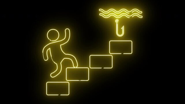 A glowing neon stick figure climbs rectangle steps toward a fishhook under wavy lines