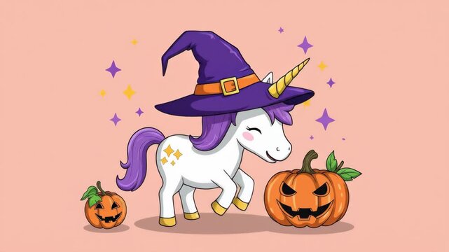Halloween Unicorn with Pumpkins - An illustration of a cute unicorn wearing a purple witch hat, standing beside two jack-o-lantern pumpkins, set against a light pink background adorned with stars.