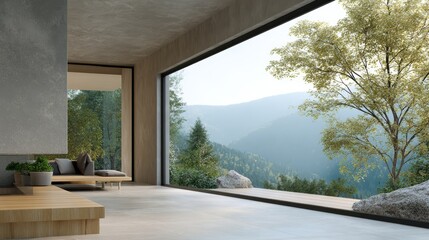 Spacious Modern Living Room with Panoramic Window Overlooking Serene Mountain Landscape