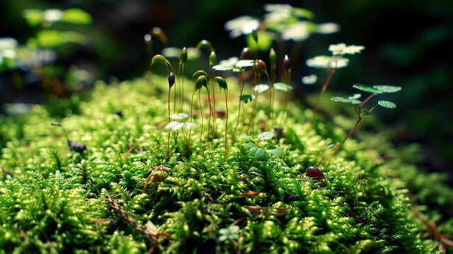 A Miniature Ecosystem of Green Moss and Tiny Plants in the Forest.